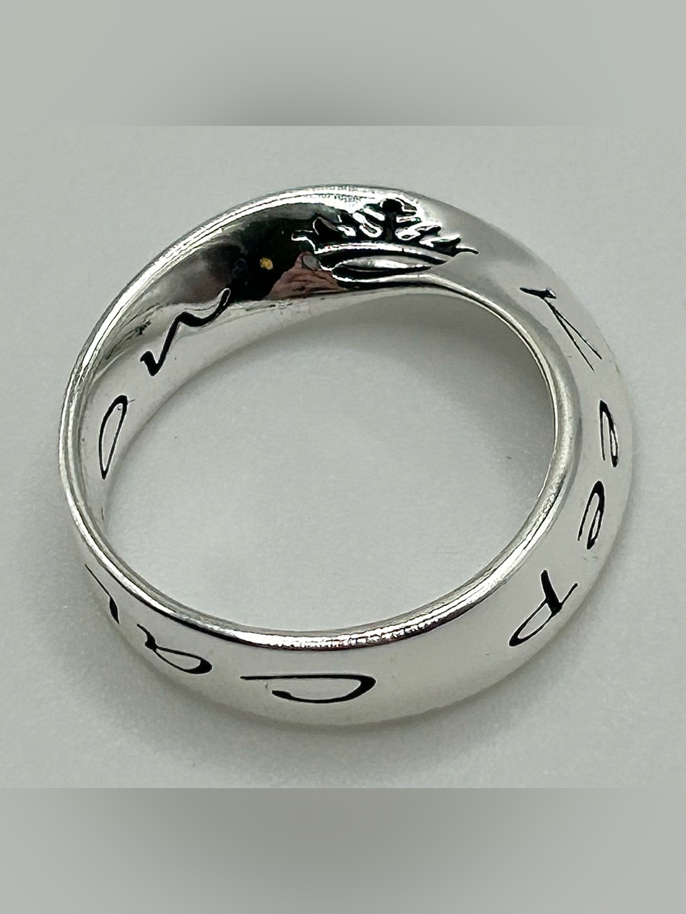 Keep Calm & Carry On Möbius Strip Ring - Motivational Script, Crown, Silver Tone